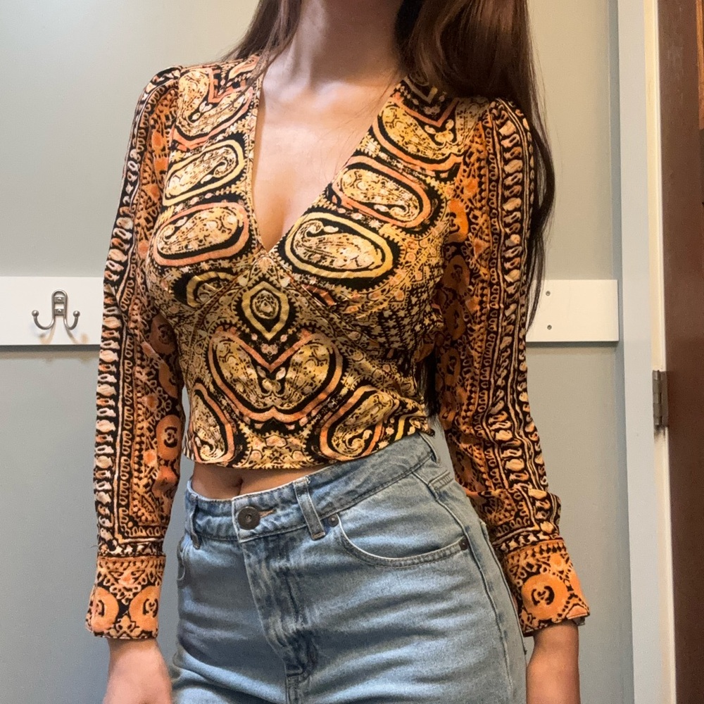 Free People Orange Brown Wrap Crop Blouse